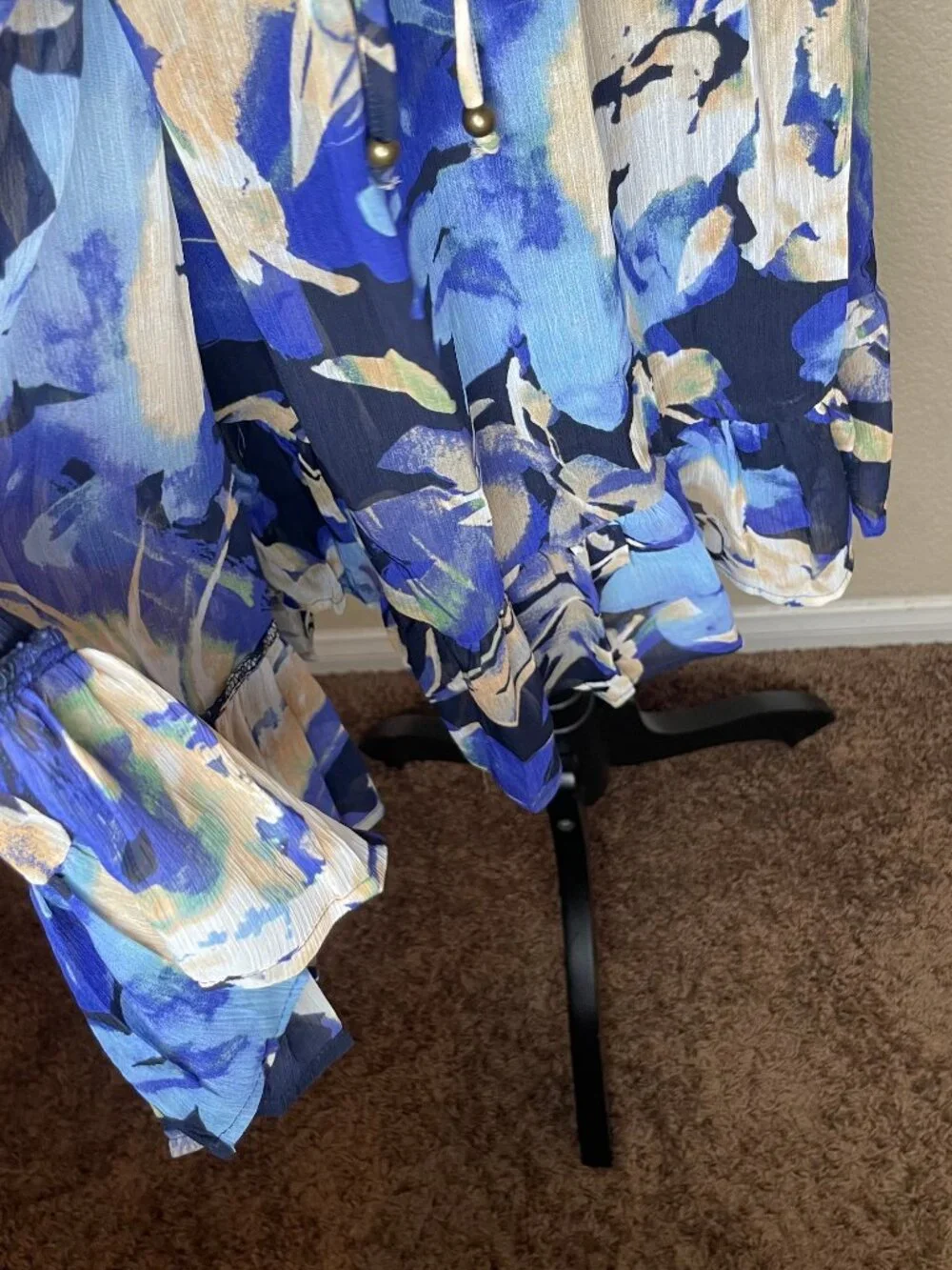 LOVESTITCH Boho Chiffon Halter Dress Blue Floral Surplice Wrap Flounce Trim L - Picture 6 of 15